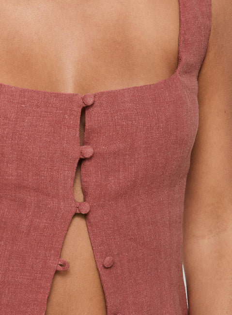 Rust Linen top Square neck, button up fastening