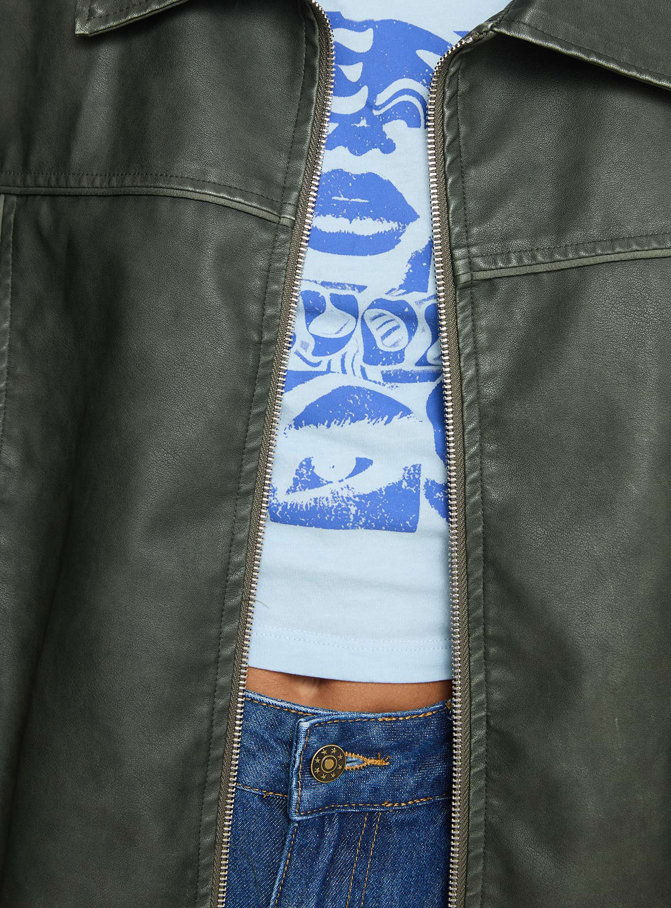 Faux leather bomber jacket Classic collar, ribbed waistband and cuffs, zip front fastening, twin hip pockets 