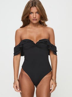 front view of model wearing Princess Polly Coming Back Ruffle Bodysuit Black Sleeveless 