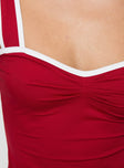 Top Fixed straps, sweetheart neckline, pinched bust, contrast piping Good stretch, unlined  Princess Polly Lower Impact 