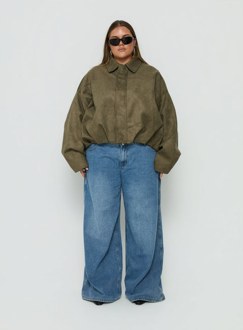 Enlightened Faux Suede Bomber Jacket Khaki Curve