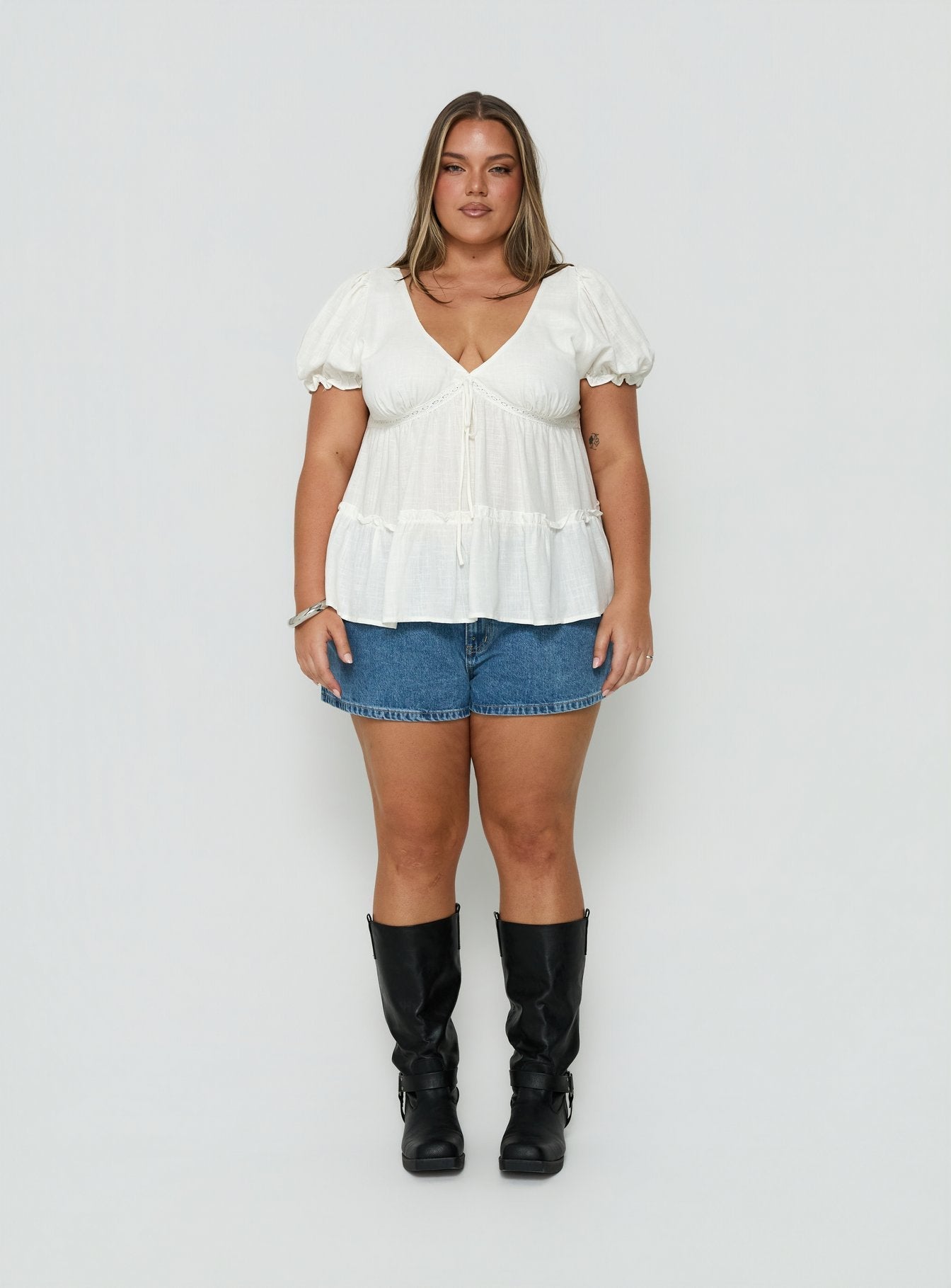 Kimberleigh Floaty Babydoll Top White Curve