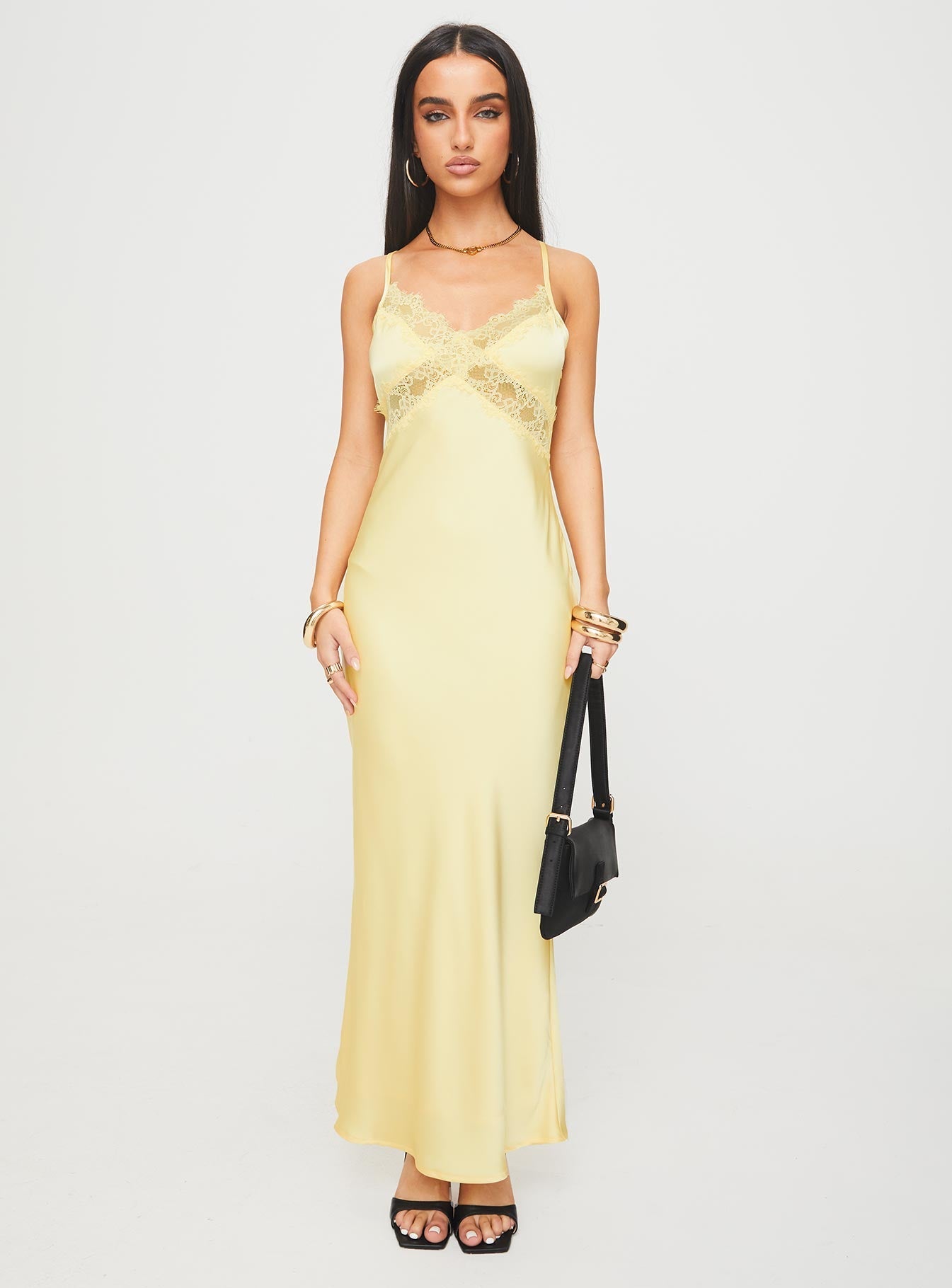front view of model wearing Princess Polly Treasure Bias Cut Maxi Dress Lemon V-Neck 