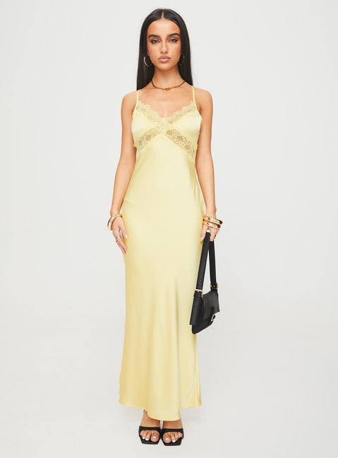 front view of model wearing Princess Polly Treasure Bias Cut Maxi Dress Lemon V-Neck 