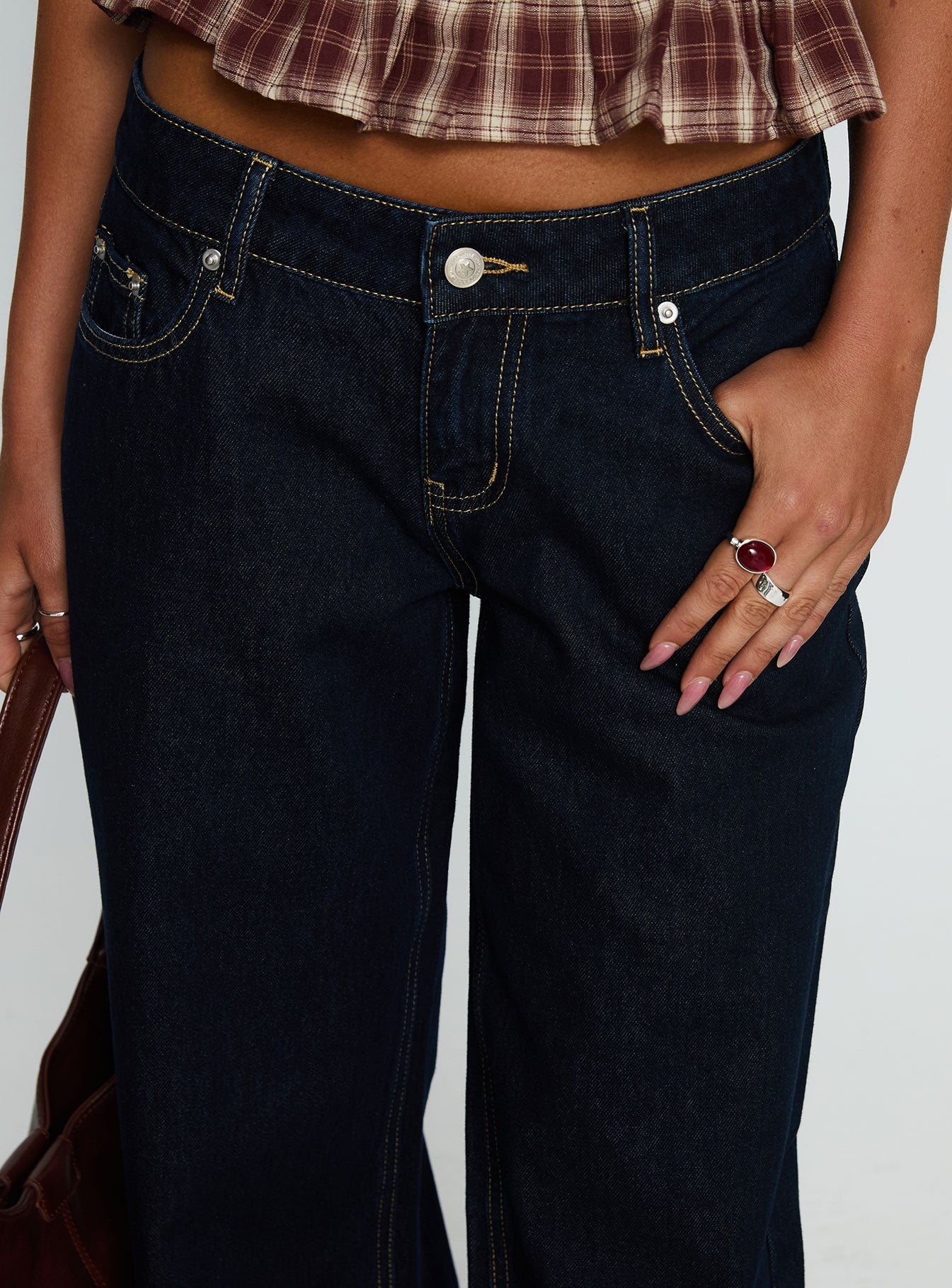 back view of model wearing Princess Polly Tidal Wave High Rise Straight Leg Jeans Raw Denim Mid Rise Jeans 