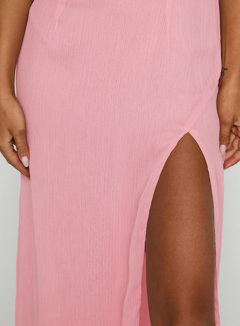 front view of model wearing Princess Polly Kiss Of Life Chiffon Maxi Dress Pink Asymmetric Neckline 