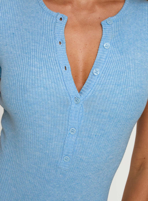 back view of model wearing Princess Polly Kerra Short Sleeve Bodysuit Blue Short Sleeves 