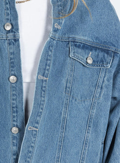 Blue denim jacket Mid wash denim Pointed collar Button fastening at front Twin chest pockets Single button cuff Non-stretch Unlined
