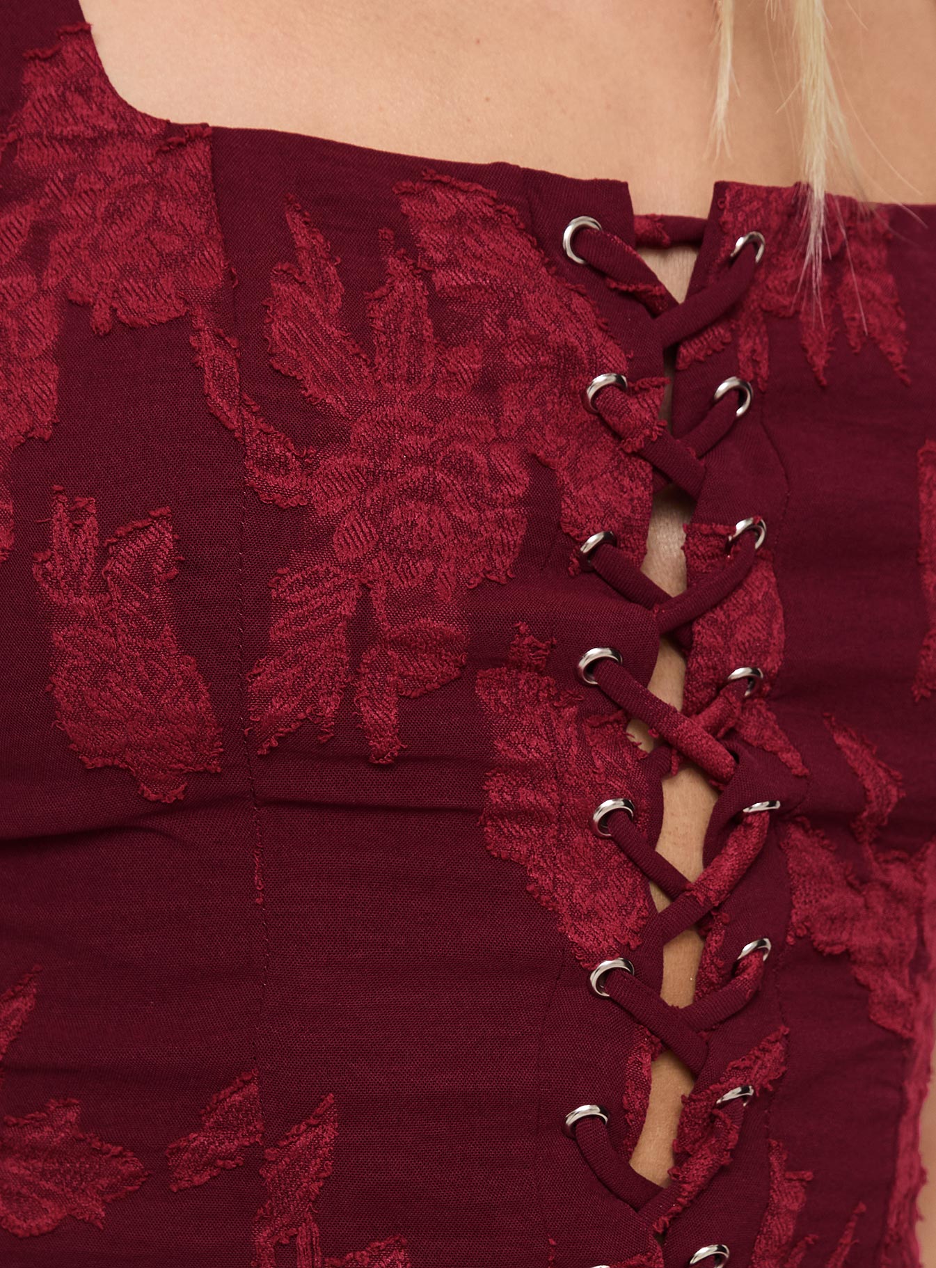 back view of model wearing Princess Polly Vincenzo Corset Top Red Sleeveless Square Neck 