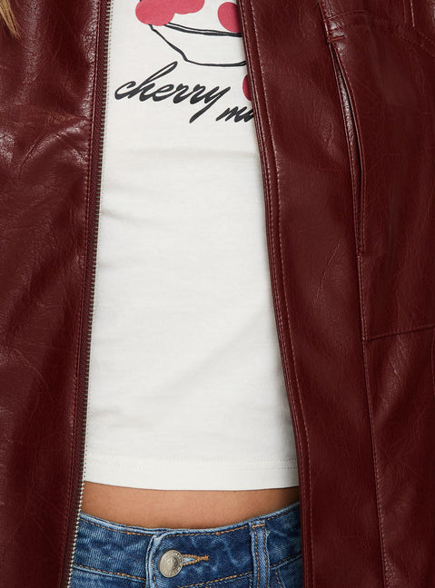 Burgundy Faux Leather jacket Oversized fit, zip fastening at front, classic collar, twin hip pockets, elasticated waistband