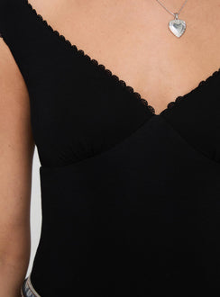 back view of model wearing Princess Polly Faure Bodysuit Black Sleeveless V-Neck 