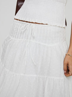 back view of model wearing Princess Polly Cherry On Top Maxi Skirt White Maxi 