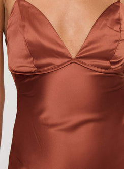 Mini dress Satin material, v neckline, adjustable straps with tie detail at back, invisible zip fastening at side Non-stretch material, lined bust