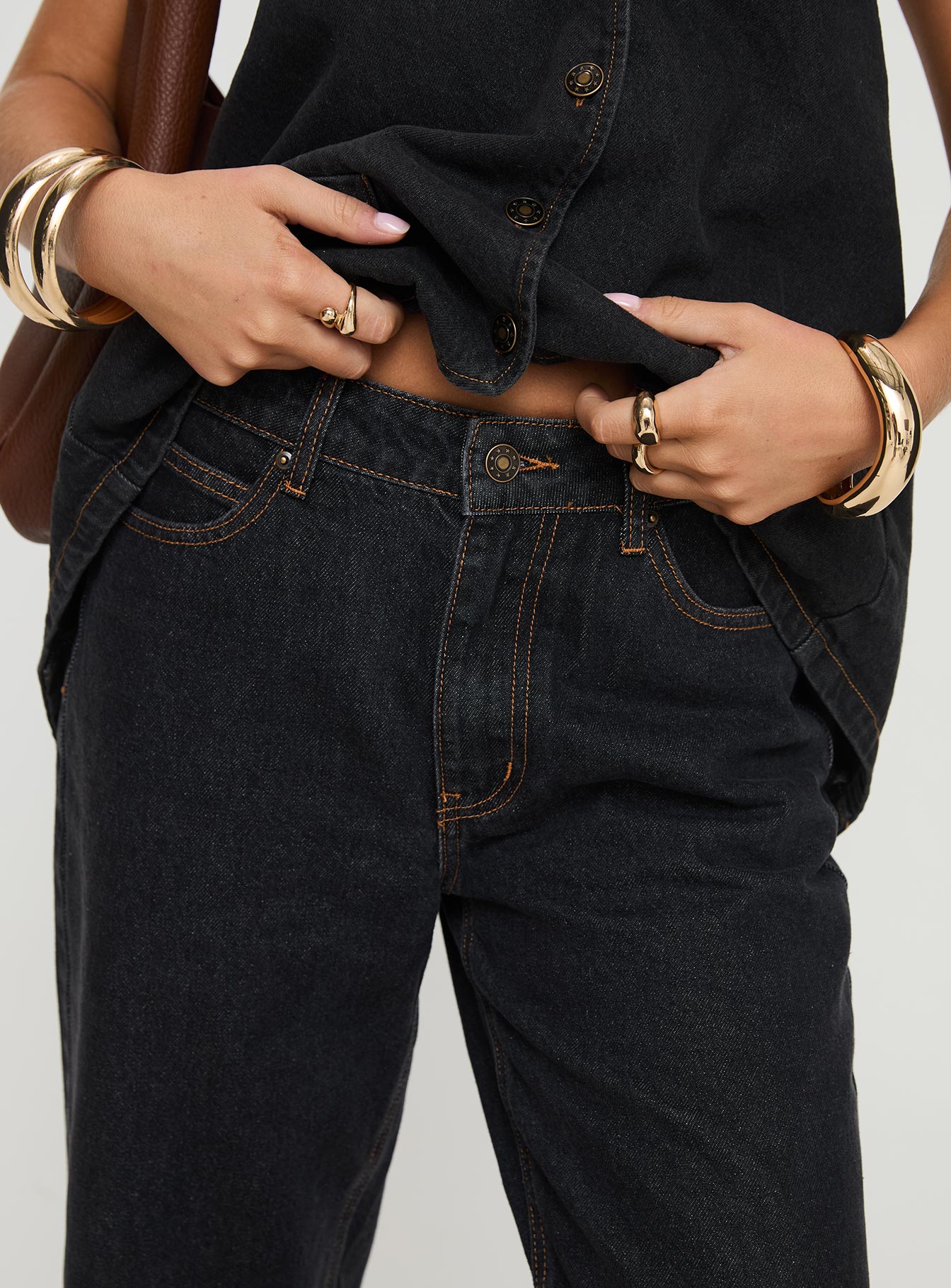 back view of model wearing Princess Polly Top Model Jeans Charcoal High Waisted 