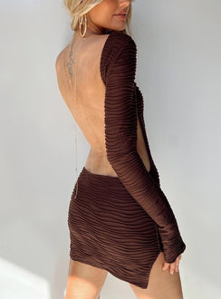 Front view of model wearing  front Princess Polly High Neck  Ignite Mini Dress Brown