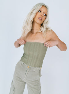 front view of model wearing Princess Polly Belle Knit Strapless Top Khaki Sleeveless Square Neck 