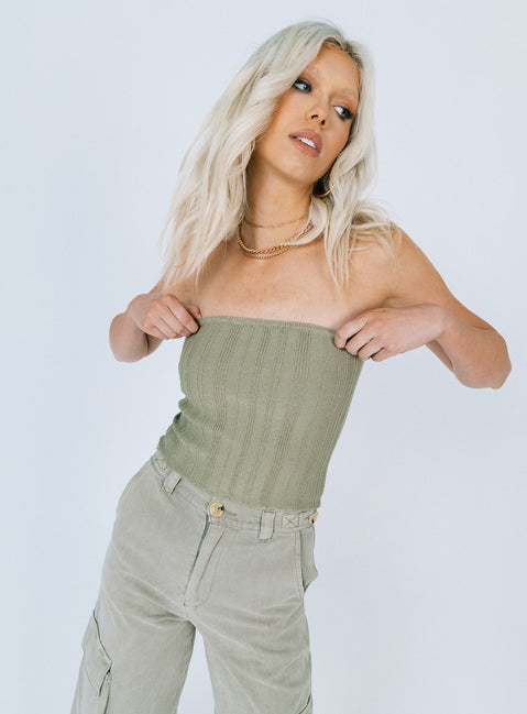 front view of model wearing Princess Polly Belle Knit Strapless Top Khaki Sleeveless Square Neck 