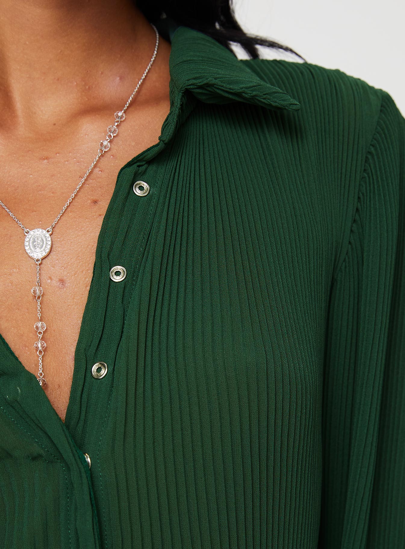 back view of model wearing Princess Polly Ravil Shirt Forest Green Full Sleeves V-Neck 