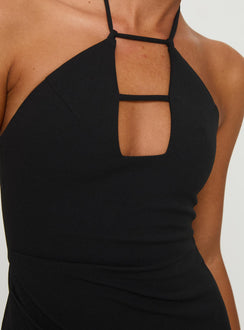 back view of model wearing Princess Polly Maiyo Halter Mini Dress Black 