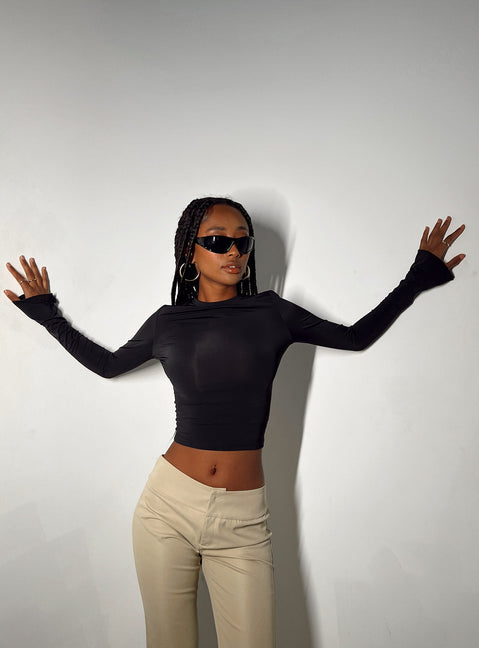 Front view of model wearing  front Princess Polly Full Sleeves High Neck  Prospect Top Black