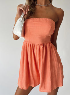 Orange strapless romper Linen material  Inner silicone strip at bust  Shirred back Invisible zip fastening at side  Gathered waist 