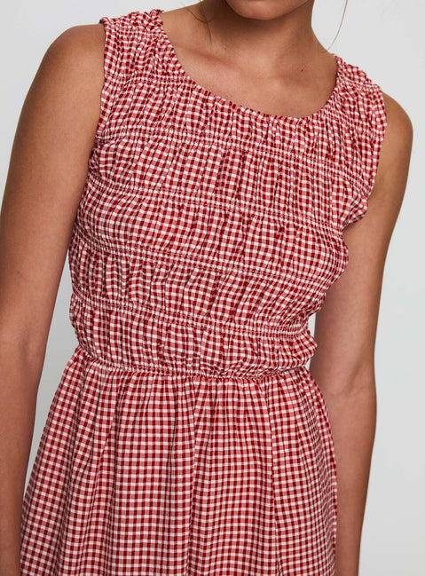 front view of model wearing Princess Polly Winxie Shirred Mini Dress Red Gingham Scoop Neck 