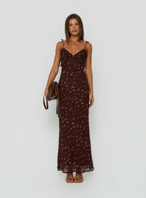 Morcar Frill V Neck Maxi Dress Brown / Yellow Floral