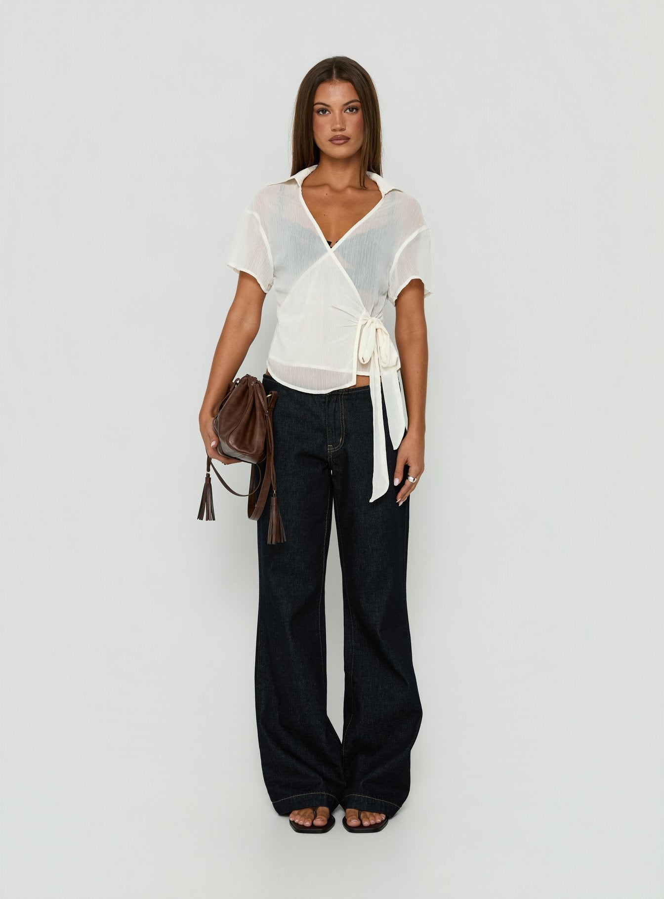Myaa Chiffon Collared Short Sleeve Wrap Top Cream