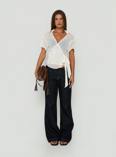 Myaa Chiffon Collared Short Sleeve Wrap Top Cream