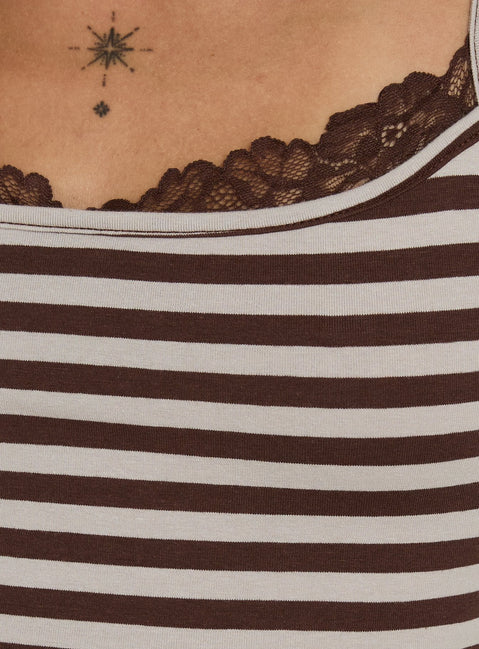 Spring To Summer Lace Trim Top Grey / Brown Stripe
