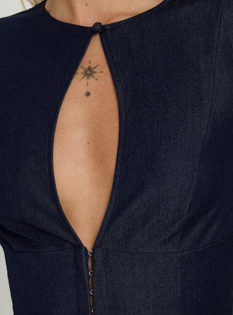 Hazalie Keyhole Detail Cap Sleeve Top Blue Denim