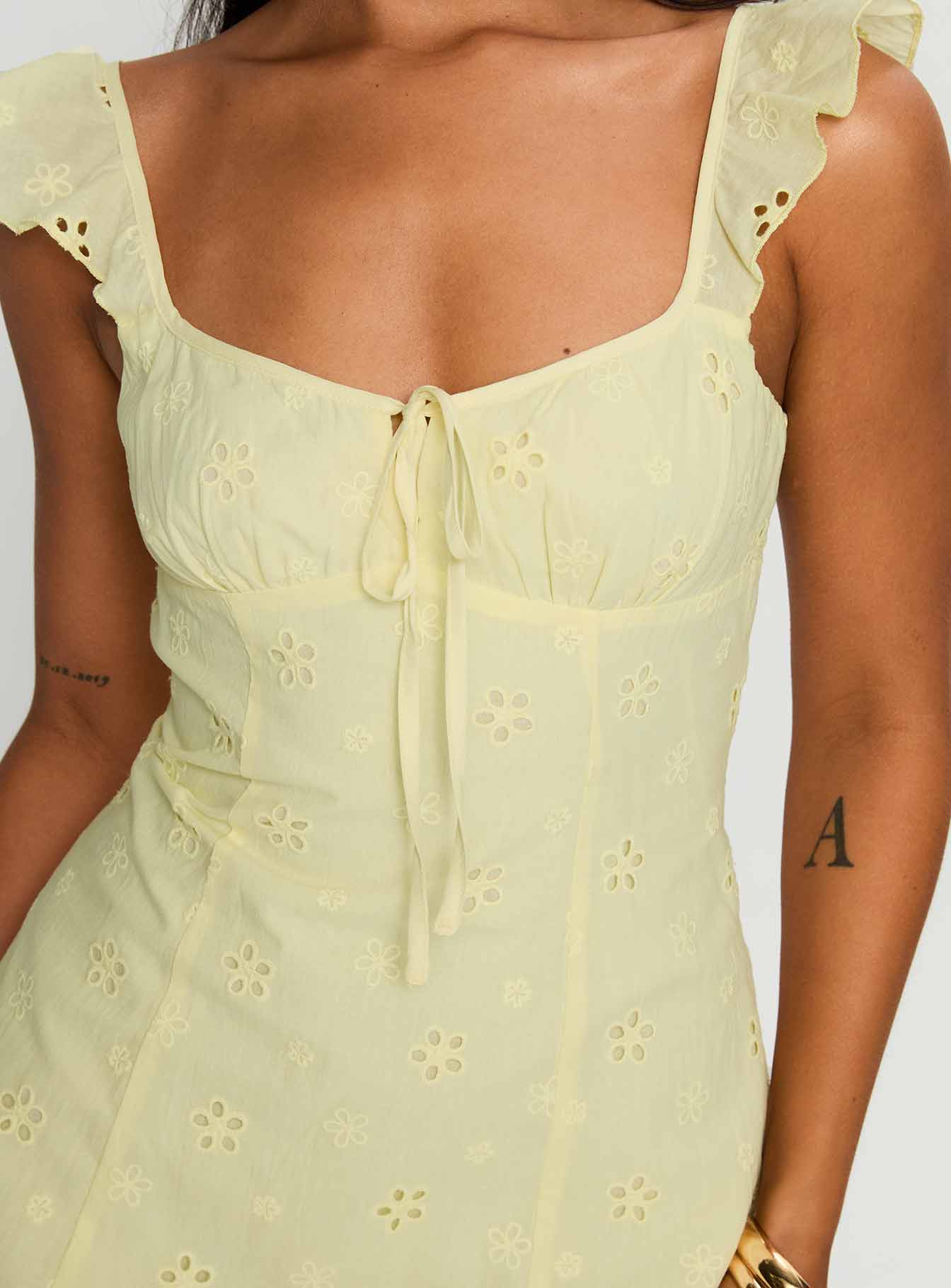 back view of model wearing Princess Polly Sunbather Mini Dress Yellow Sweetheart Neckline 