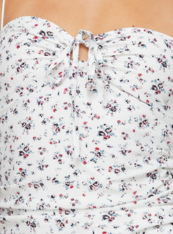 Floral mini dress Elasticated shoulder straps, sweetheart neckline, tie fastening at bust, invisible zip fastening at side, adjustable ruching at side