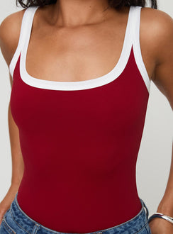 back view of model wearing Princess Polly Astrea Bodysuit Red / White Sleeveless Scoop Neck 