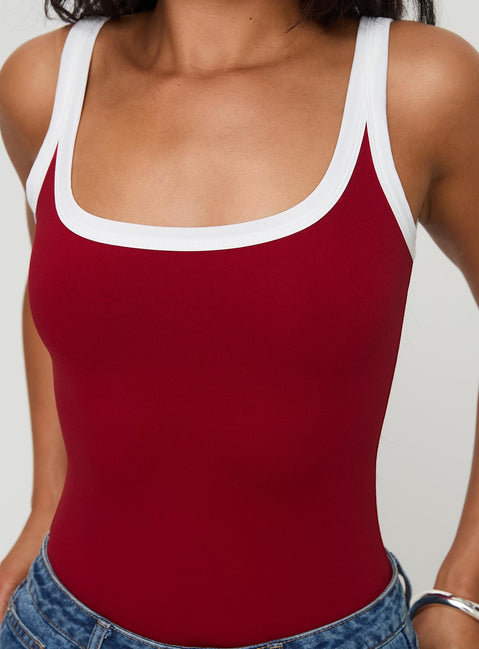 back view of model wearing Princess Polly Astrea Bodysuit Red / White Sleeveless Scoop Neck 