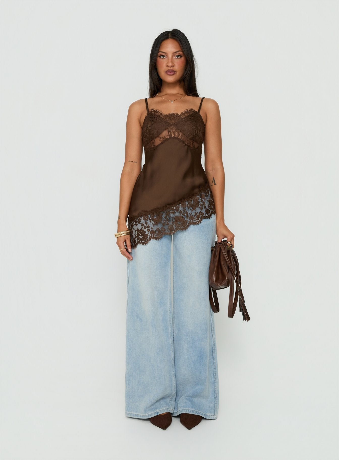 Cleosa Asymmetrical Lace Trim Satin Top Chocolate