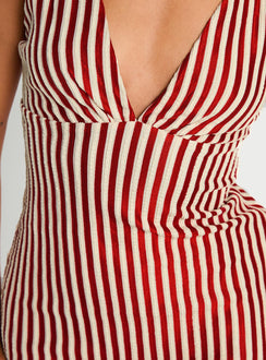 back view of model wearing Princess Polly Daphney Plunge Mini Dress Red / Cream Plunger 