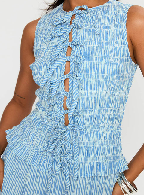 back view of model wearing Princess Polly Songbird Shirred Maxi Dress Blue Crew Neck 