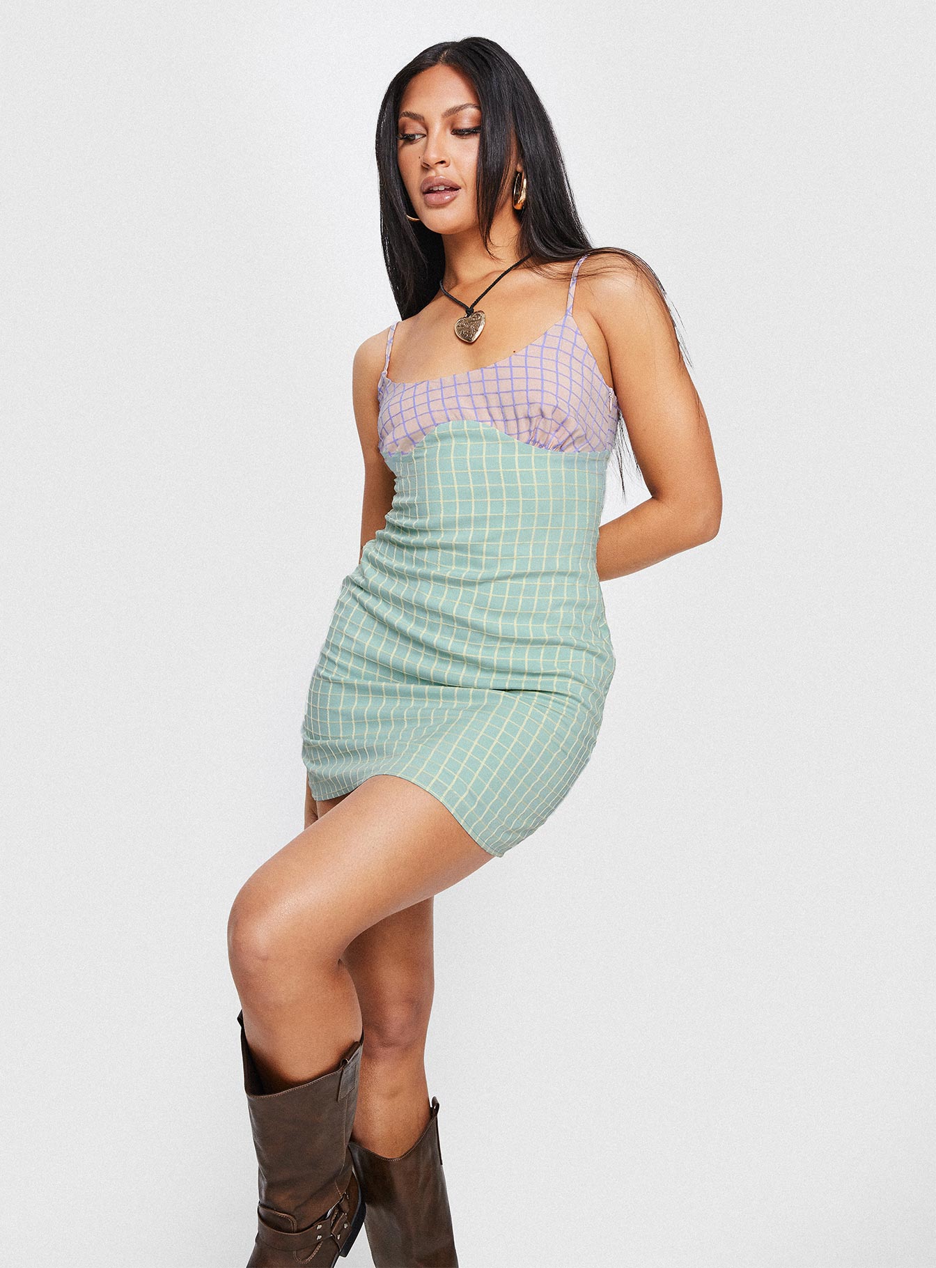 Front view of model wearing  front Princess Polly Sweetheart Neckline  Bumbles Check Mini Dress Pink / Green