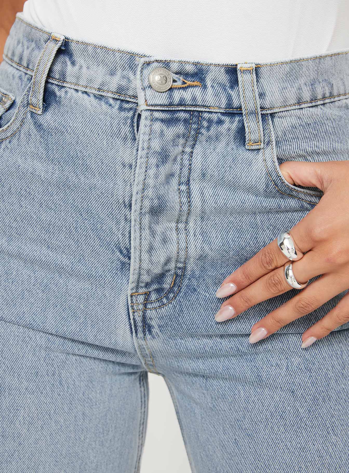 back view of model wearing Princess Polly Fawcett Jeans Light Wash Denim High Waisted 