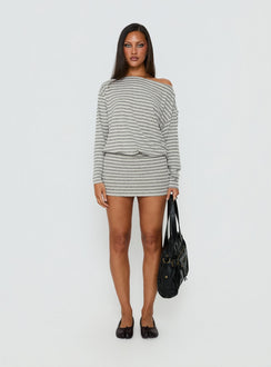 Worlds Away Long Sleeve Blouson Mini Dress Grey / White Stripe