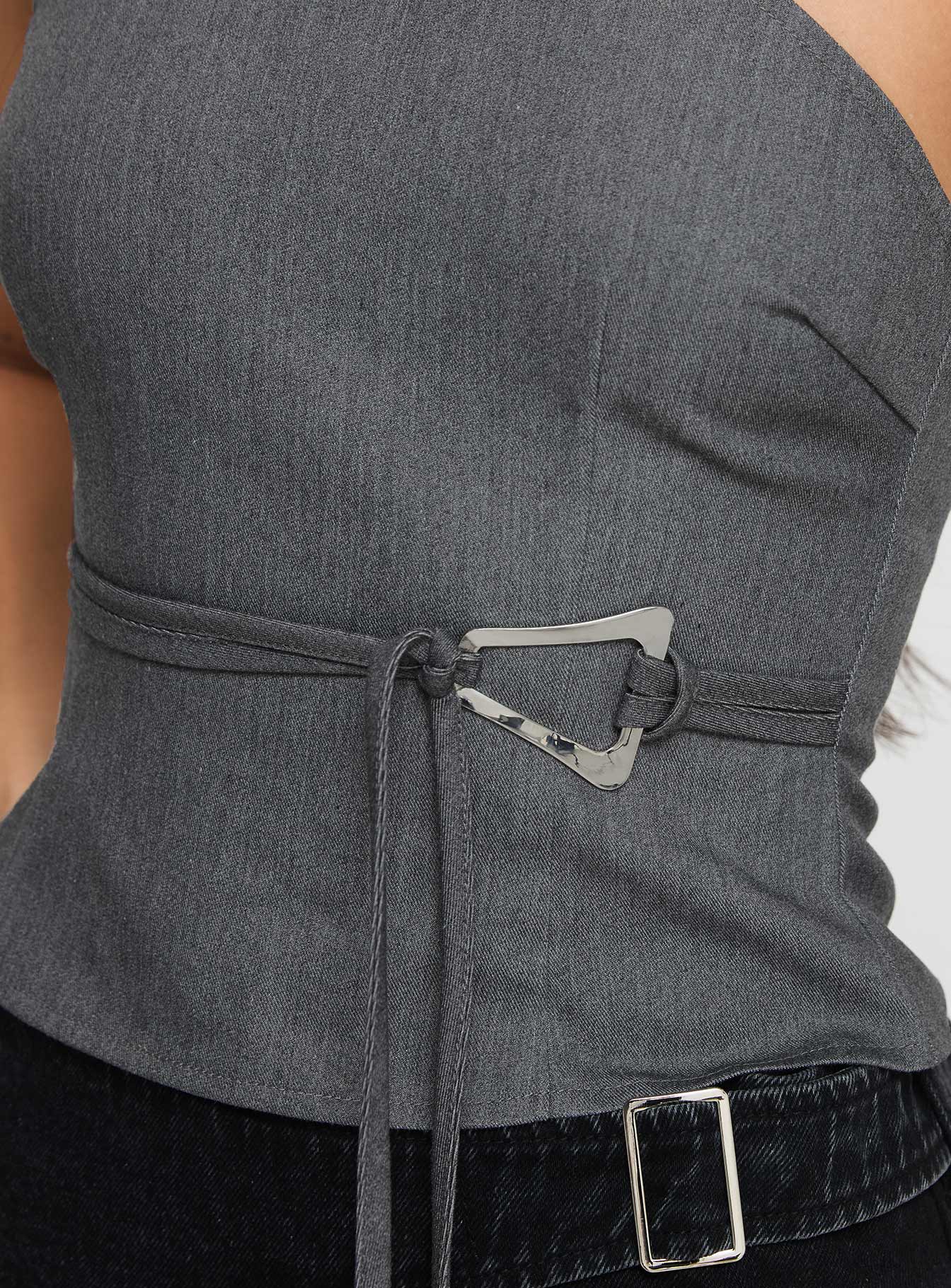 back view of model wearing Princess Polly Sayaka Top Charcoal Sleeveless Asymmetric Neckline 