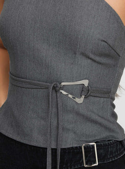 back view of model wearing Princess Polly Sayaka Top Charcoal Sleeveless Asymmetric Neckline 