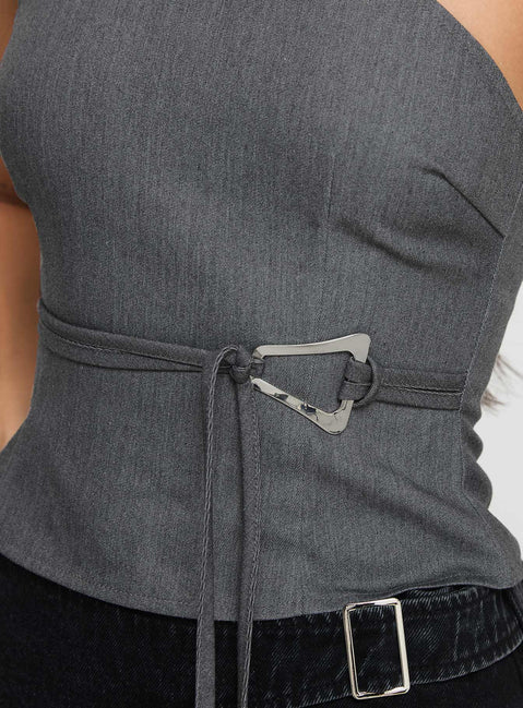 back view of model wearing Princess Polly Sayaka Top Charcoal Sleeveless Asymmetric Neckline 