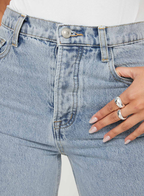 back view of model wearing Princess Polly Fawcett Jeans Light Wash Denim Tall High Waisted 