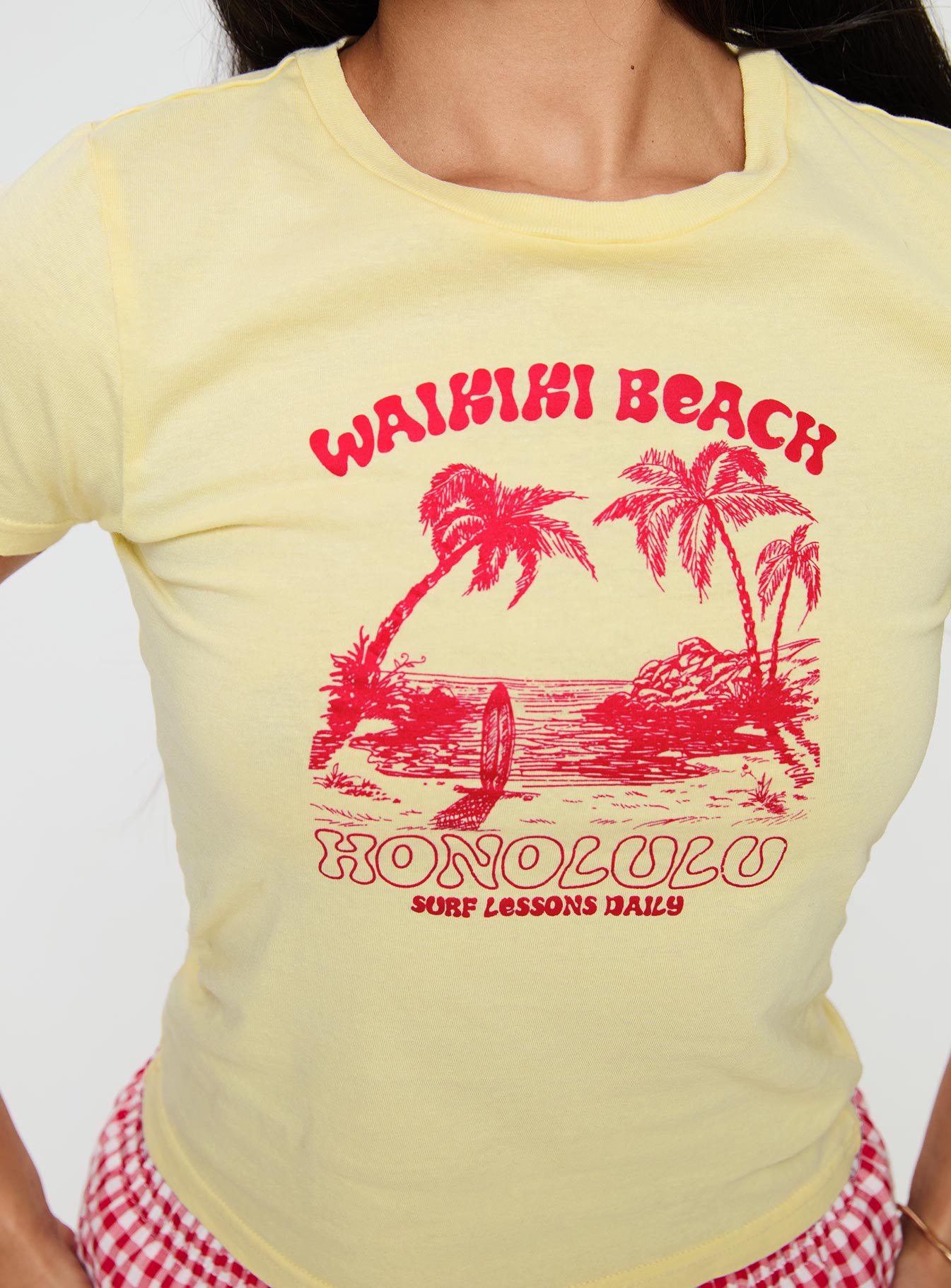 back view of model wearing Princess Polly Surf Club Tee Yellow Short Sleeves Crew Neck 