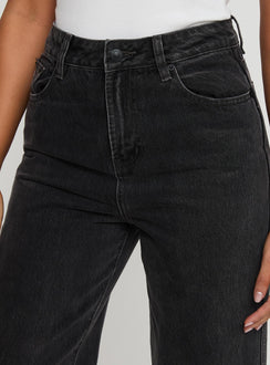 back view of model wearing Princess Polly Karlina High Rise Straight Leg Jean Charcoal High Waisted 