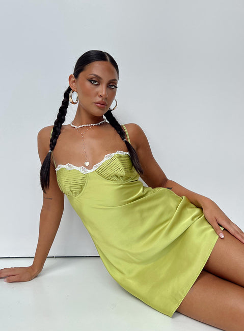 Front view of model wearing  front Princess Polly Sweetheart Neckline  Shilla Mini Dress Green