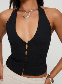 back view of model wearing Princess Polly Vayda Halter Top Black Sleeveless Plunger 