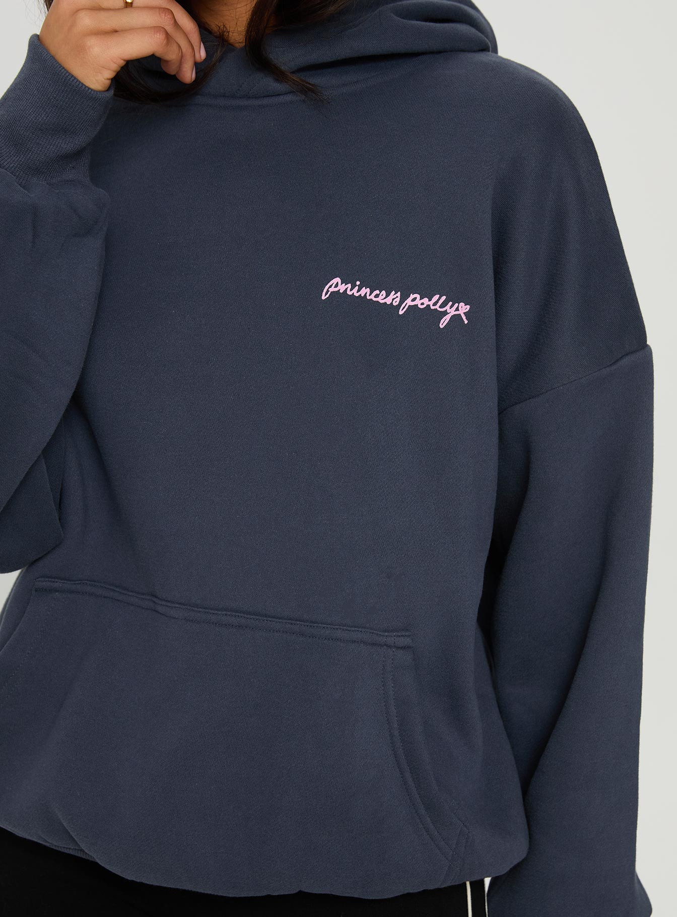 side view of model wearing Princess Polly Princess Polly Love Letter Graphic Hoodie Slate Grey 